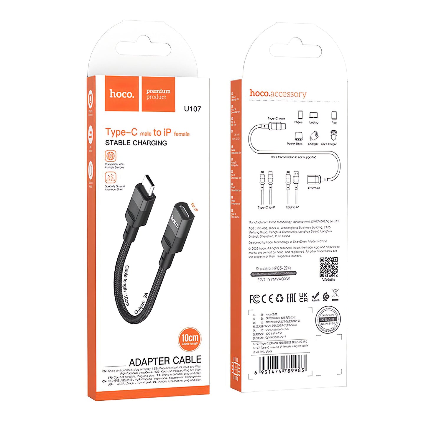 Data and Charging Adapter Lightning - USB-C HOCO U107, 0.1m, Black