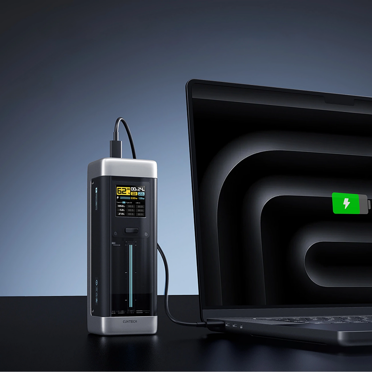 Cuktech External Battery, 25000mAh, 210W, QC + PD, 1 x USB-A - 2 x USB-C, Black CUK00P23GLBK