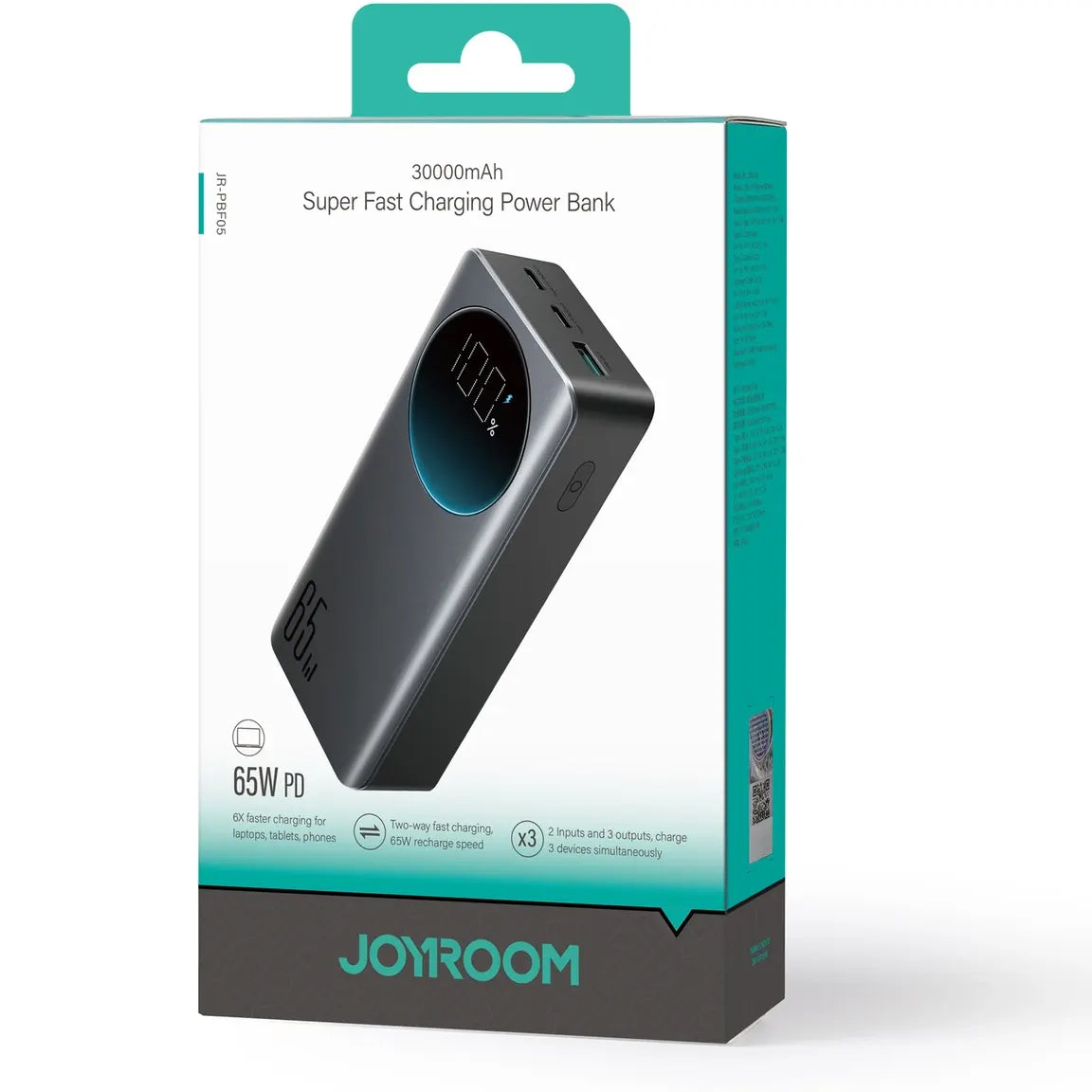 Joyroom JR-PBF05 External Battery, 30000mAh, 65W, QC + PD, 1 x USB-A - 2 x USB-C, Black