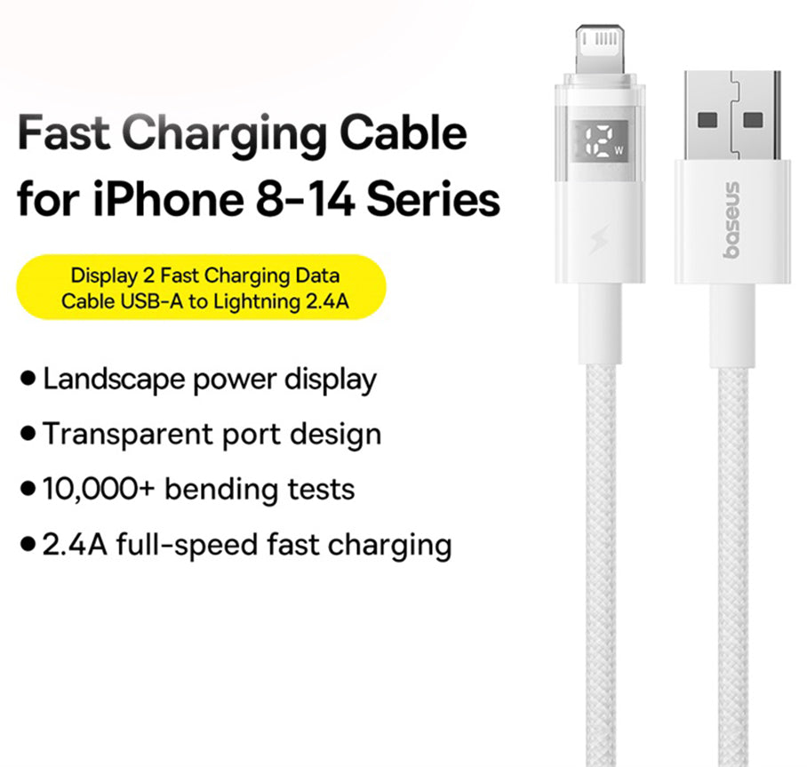 USB-A to Lightning Data and Charging Cable Baseus Display 2, 12W, 2m, White P10382700211-01