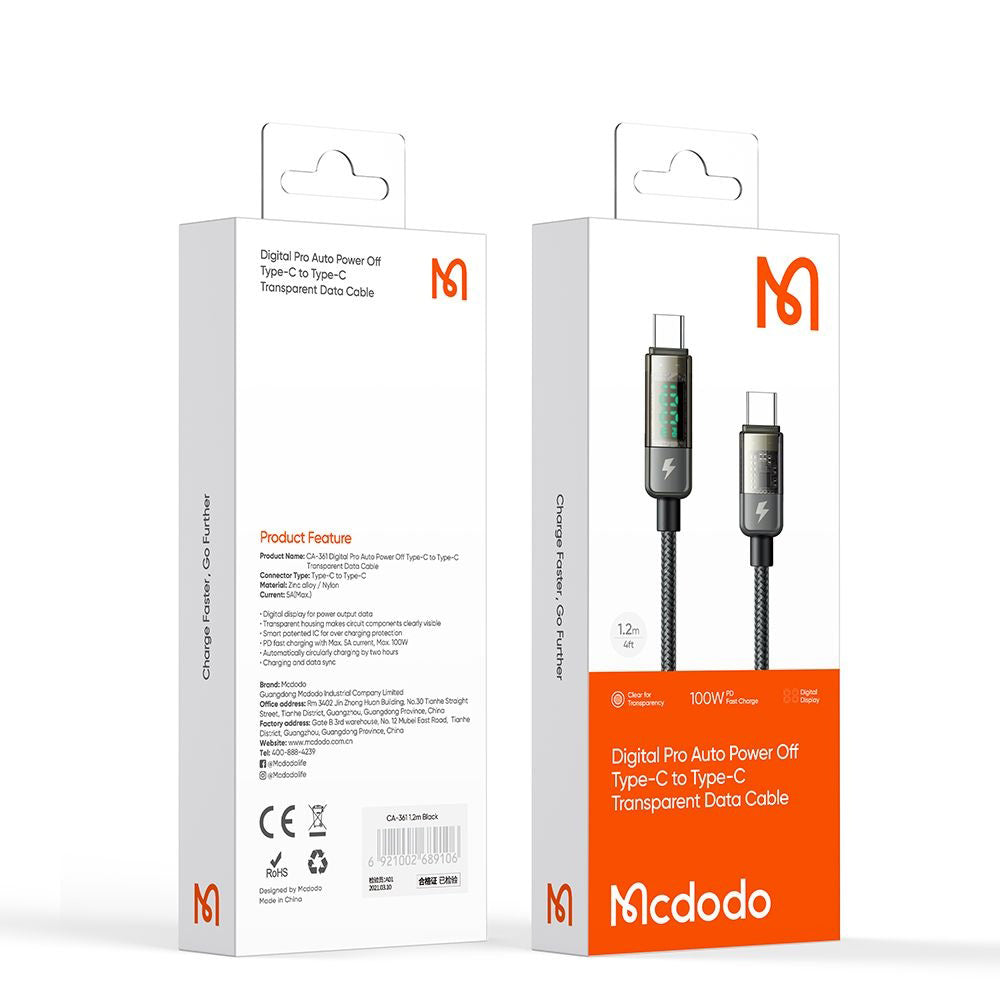USB-C Data and Charging Cable - USB-C McDodo CA-3610 Auto Power Off Display, 100W, 1.2m, Black