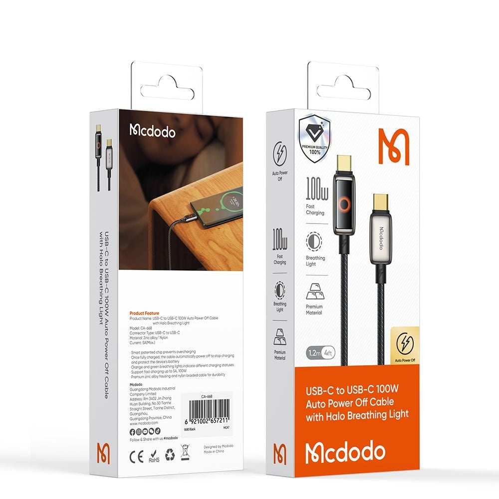 USB-C Data and Charging Cable - USB-C McDodo CA-6680 Auto Power Off, 100W, 1.2m, Black