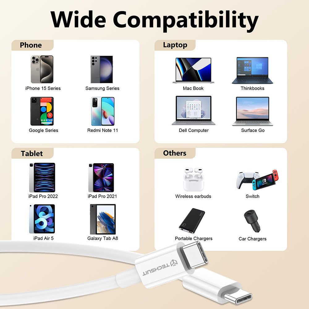 USB-C Data and Charging Cable - USB-C Techsuit PCB130, 60W, 1m, White