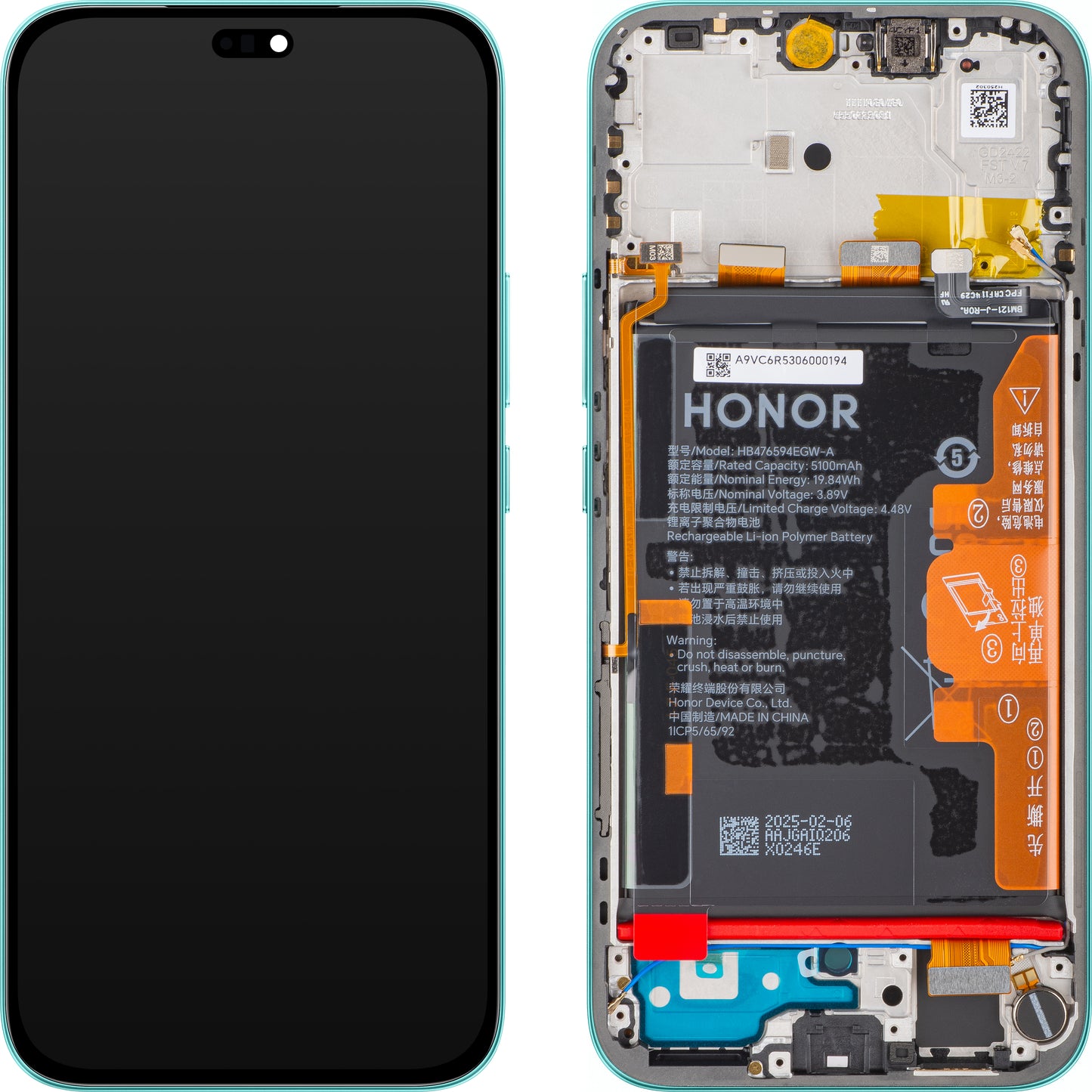 Honor 400 Lite Display with Touchscreen, Frame and Battery, Green (Marrs Green), Service Pack 0235ANTB