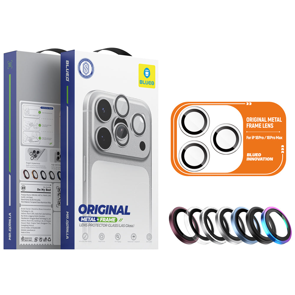Blueo Metal Frame Rear Camera Protector for Apple iPhone 18 Pro / 18 Pro Max, Tempered Glass, Transparent