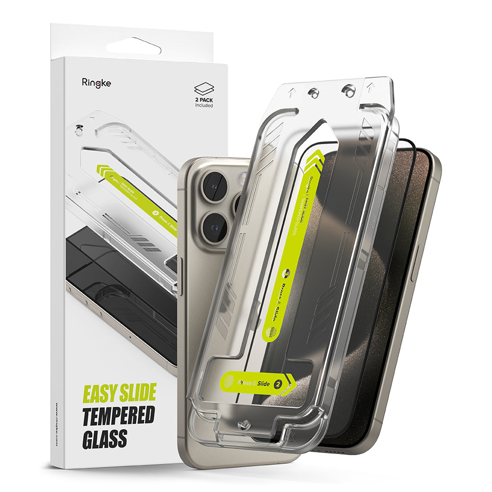 Ringke Easy Slide Screen Protector for Apple iPhone 15 Pro Max, Tempered Glass, Full Glue, Set of 2 Pieces, Black