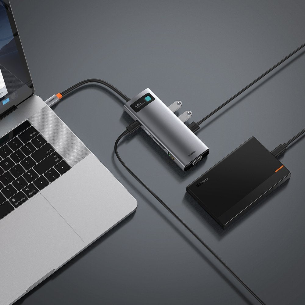 Baseus USB-C Hub, 3 x USB-A 3.0 - 1 x USB-C - 1 x HDMI - 1 x VGA - 1 x RJ45 - 1 x SD - 1 x microSD, Gray CAHUB-CU0G