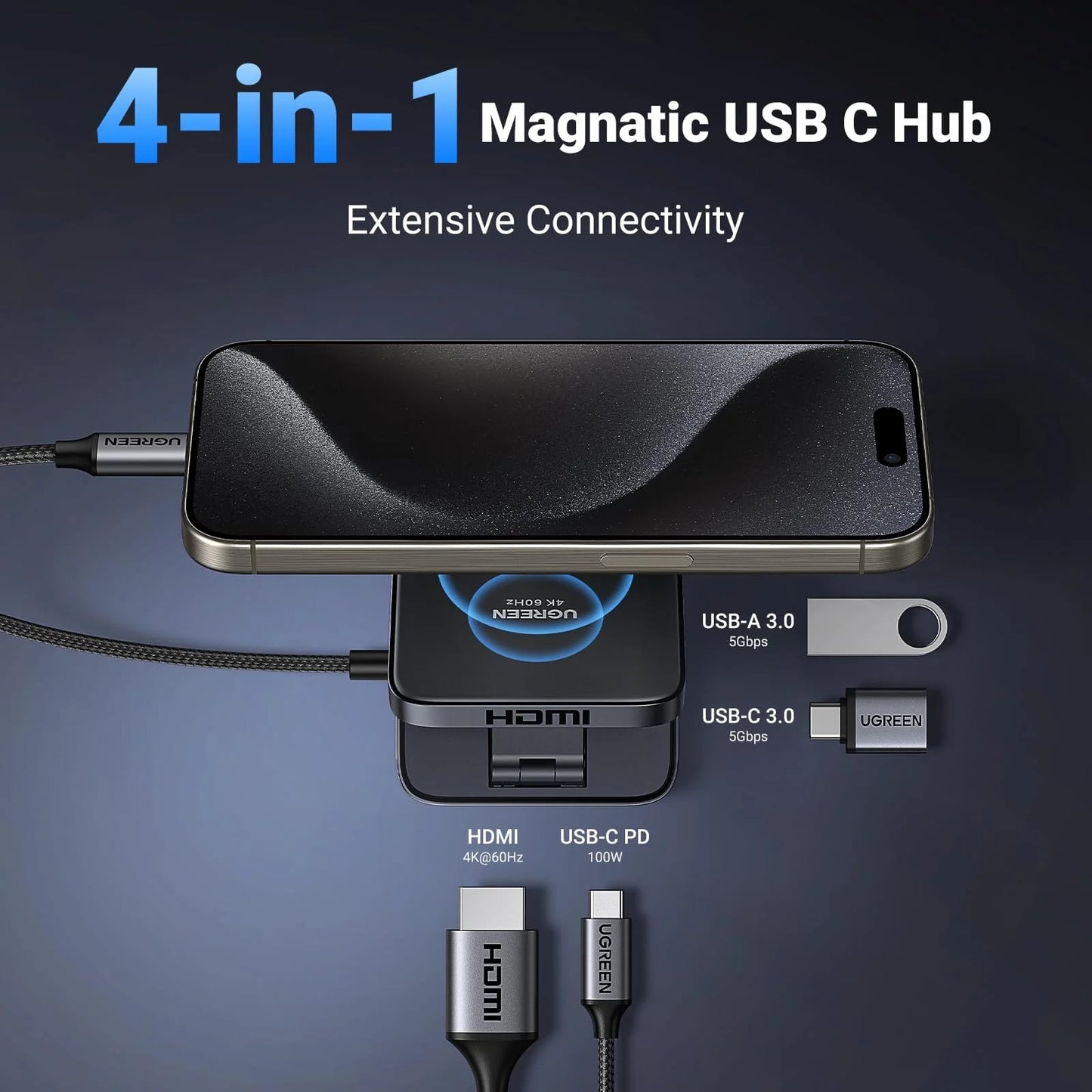UGREEN CM801 USB-C Hub, 1 x USB-A 3.0 - 2 x USB-C - 1 x HDMI, Gray