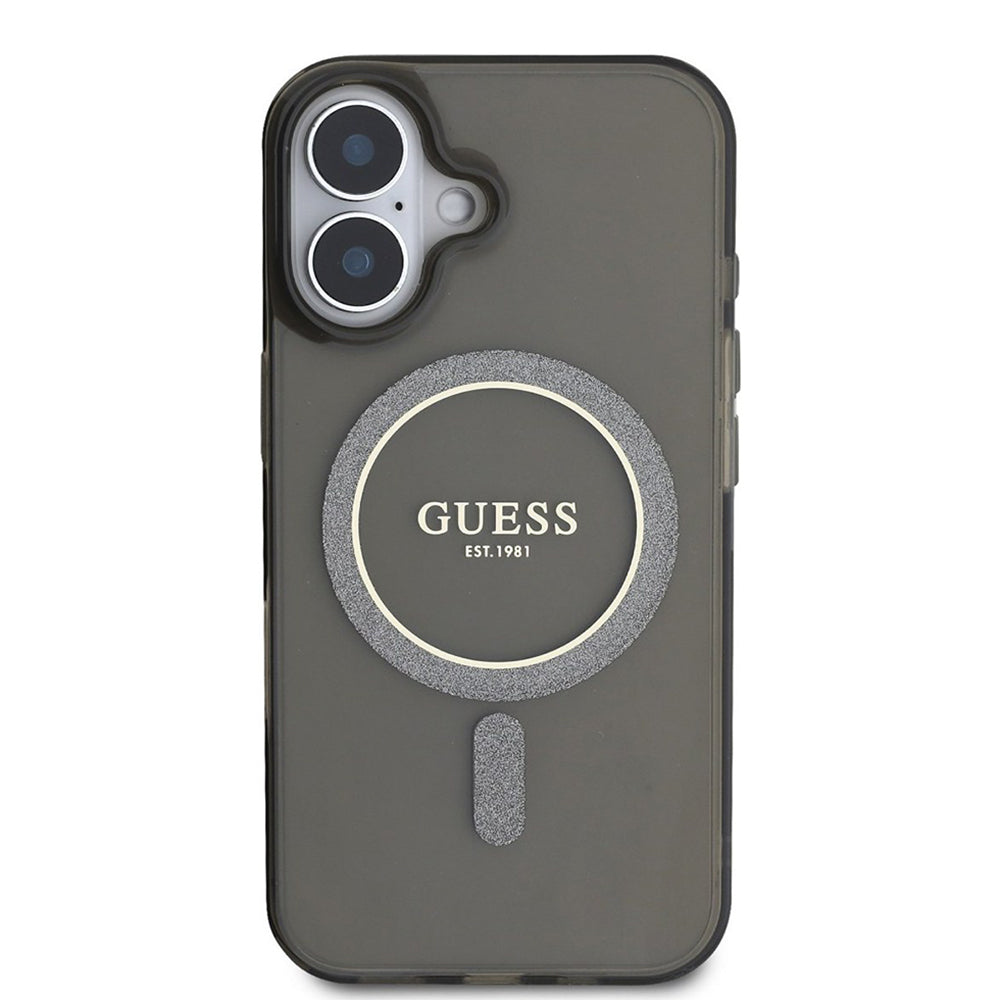 MagSafe Case for Apple iPhone 16, Guess, IML Glitter Circle, Black