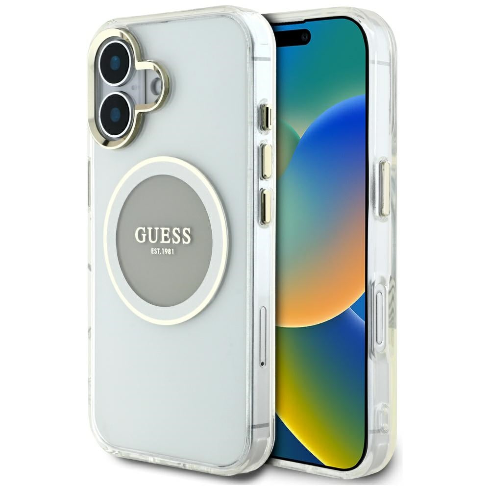 MagSafe Case for Apple iPhone 16, Guess, IML Metal Colored Circle, Grey