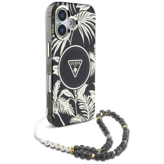 MagSafe Case for Apple iPhone 16, Guess, IML Palm Trees Triangle with Pearl Strap, Black
