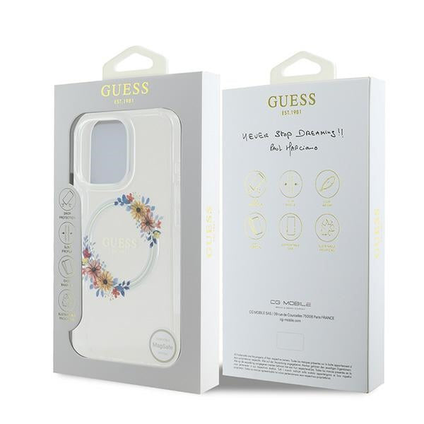 MagSafe Case for Apple iPhone 16 Pro, Guess, IML Flowers Wreath, Transparent