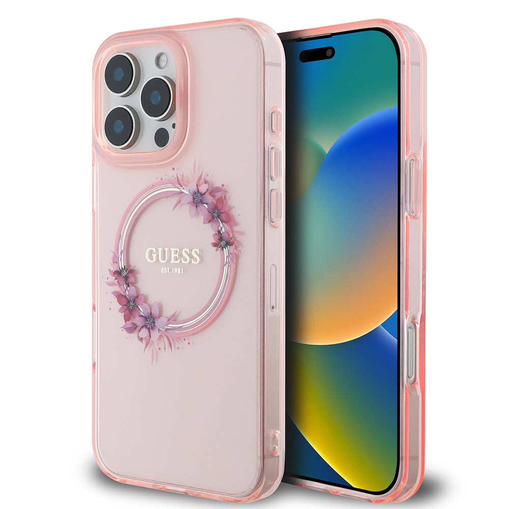 MagSafe Case for Apple iPhone 16 Pro Max, Guess, IML Flowers Wreath, Pink