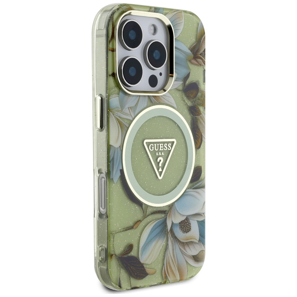 MagSafe Case for Apple iPhone 16 Pro Max, Guess, IML Metal Glitter Flowers Triangle, Green
