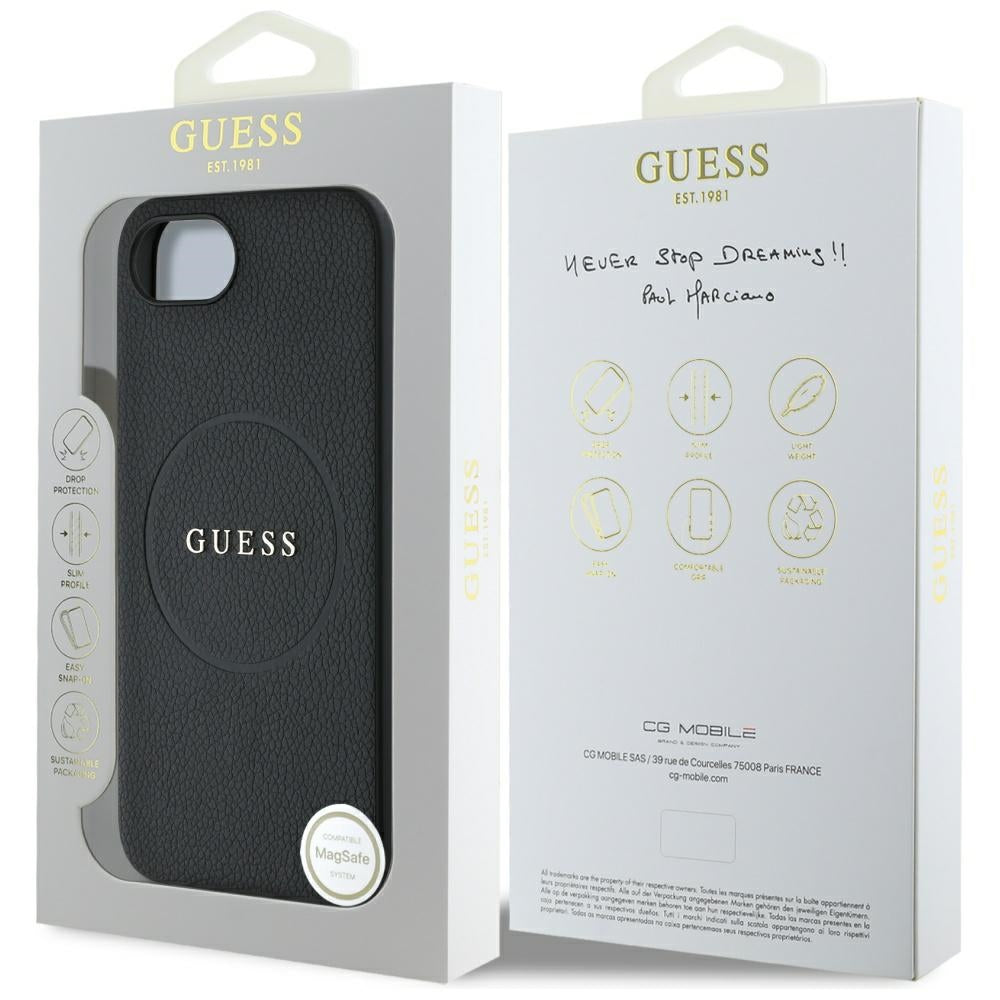 MagSafe Case for Apple iPhone 17e / 16e, Guess, Grained Gold Ring, Black