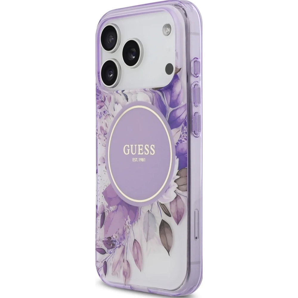 MagSafe Case for Apple iPhone 17 Pro, Guess, IML Flower & Tonal Circle, Purple