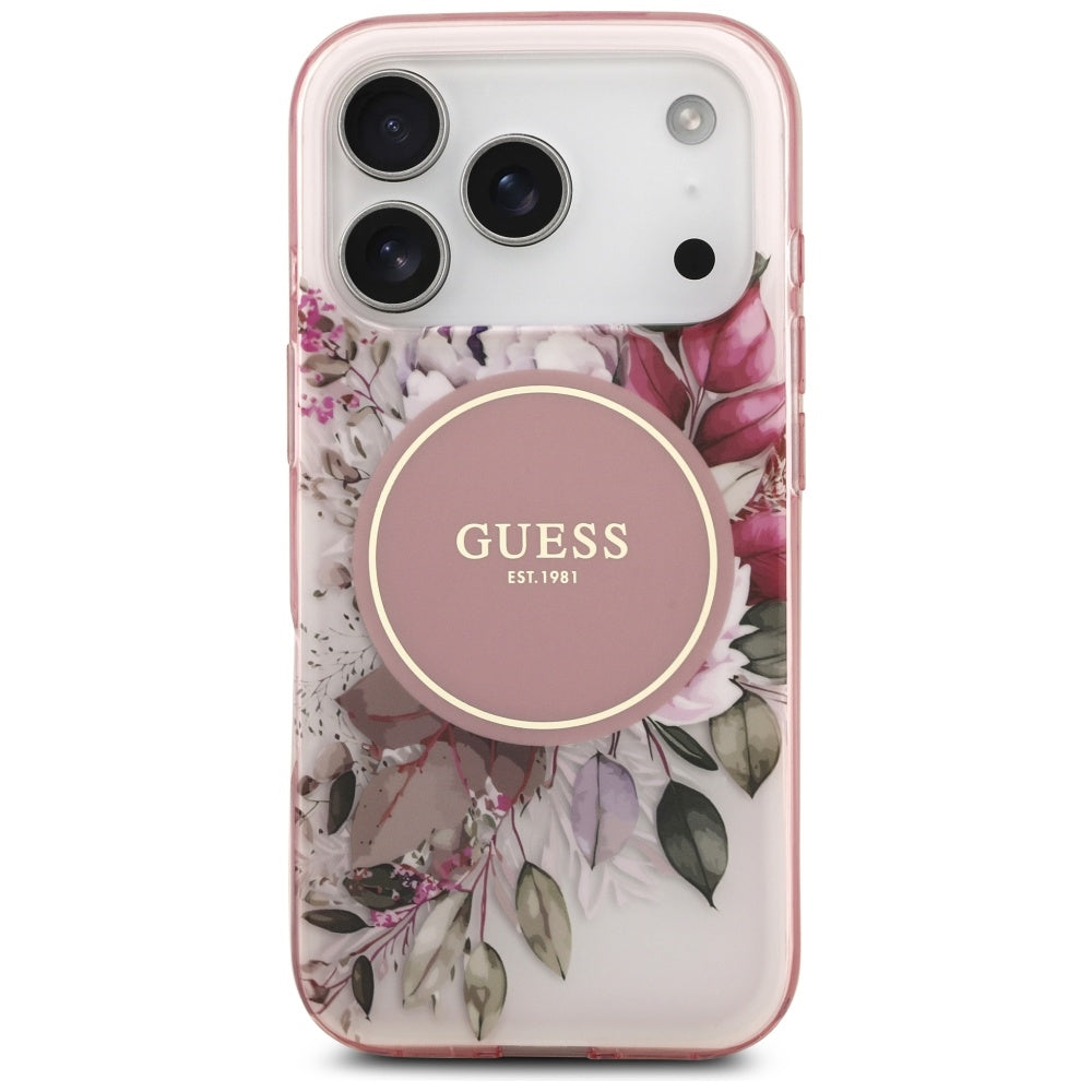 MagSafe Case for Apple iPhone 17 Pro Max, Guess, IML Flower & Tonal Circle, Pink
