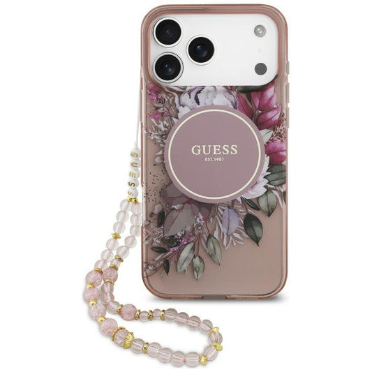 MagSafe Case for Apple iPhone 18 Pro / 17 Pro, Guess, IML Flowers with Pearl Strap, Pink