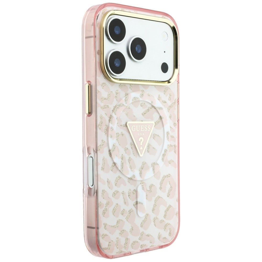 MagSafe Case for Apple iPhone 18 Pro Max / 17 Pro Max, Guess, Leopard Glitter Triangle Logo, Pink