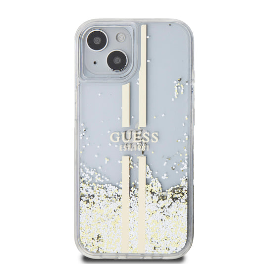 Case for Apple iPhone 15, Guess, Liquid Glitter Gold Stripes, Transparent