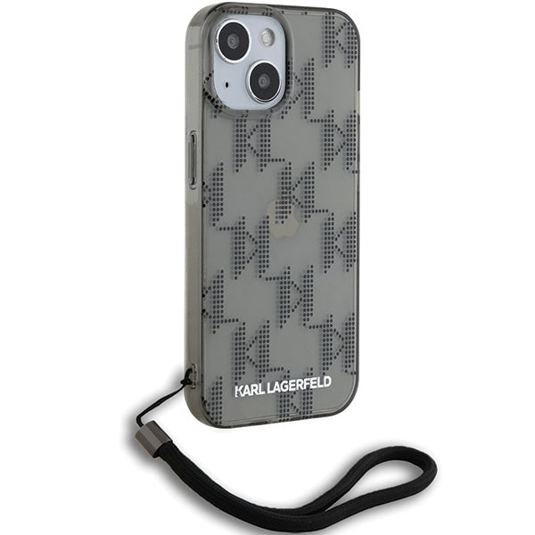 Case for Apple iPhone 15, Karl Lagerfeld, IML Luxury Monogram KL Pattern with Strap, Black