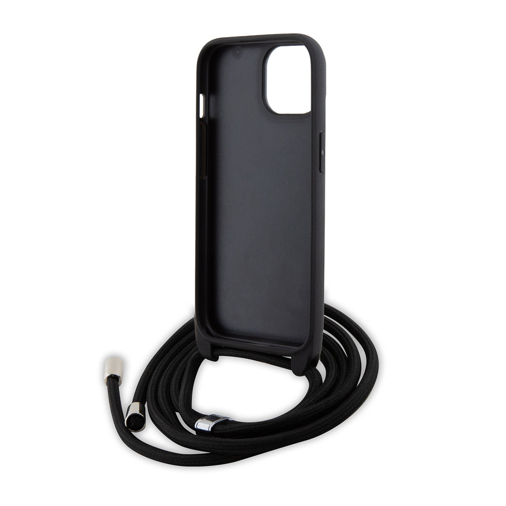 Case for Apple iPhone 15, Karl Lagerfeld, Saffiano Crossbody Metal Pin Karl & Choupette, Black