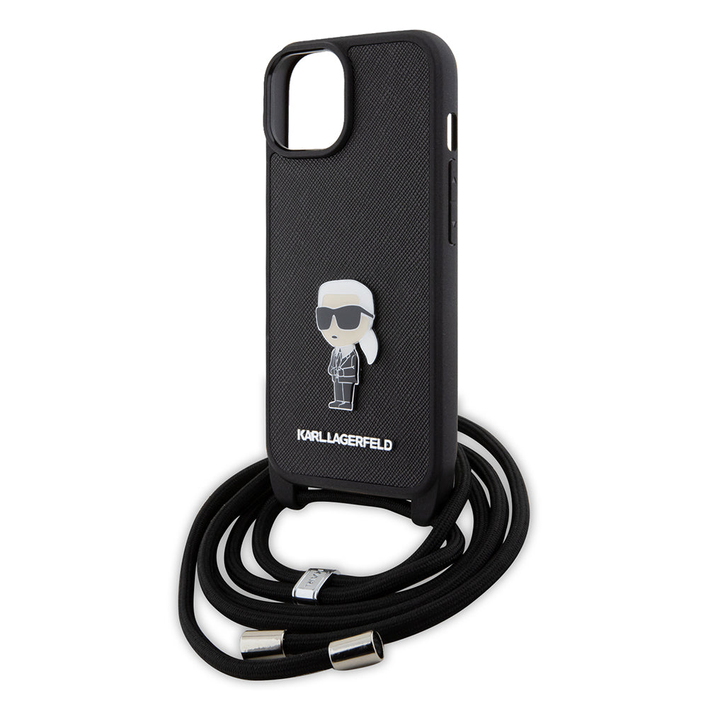 Case for Apple iPhone 15, Karl Lagerfeld, Saffiano Crossbody Monogram Metal Pin Karl, Black