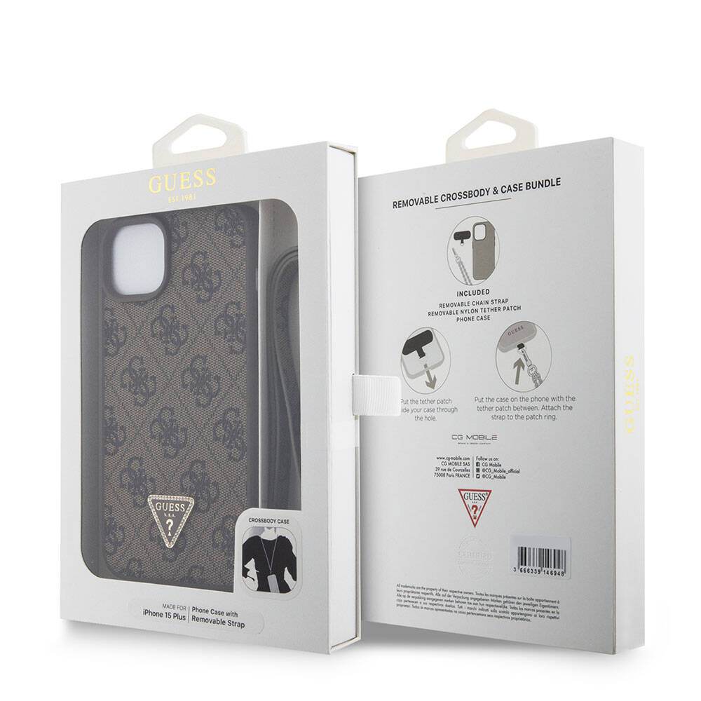 Case for Apple iPhone 15 Plus, Guess, Crossbody 4G Metal Logo, Brown