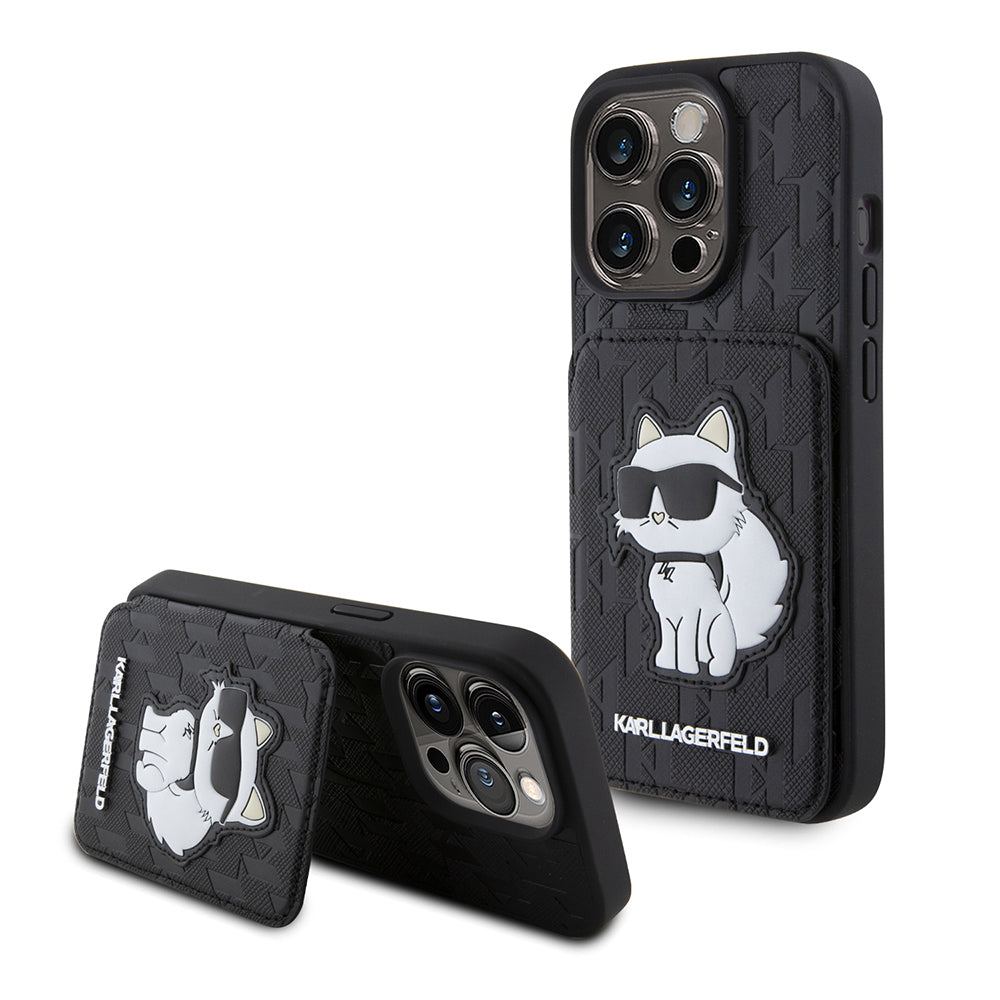 Case for Apple iPhone 15 Pro, Karl Lagerfeld, Saffiano Cardslots and Stand Monogram Choupette, Black