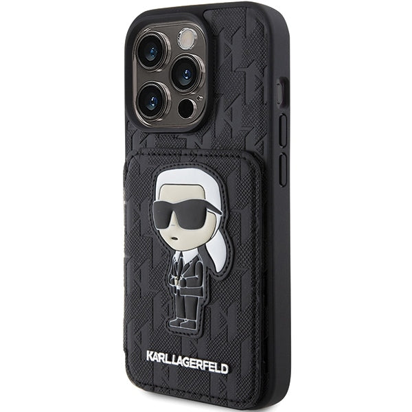 Case for Apple iPhone 15 Pro Max, Karl Lagerfeld, Saffiano Cardslots and Stand Monogram Ikonik Karl, Black