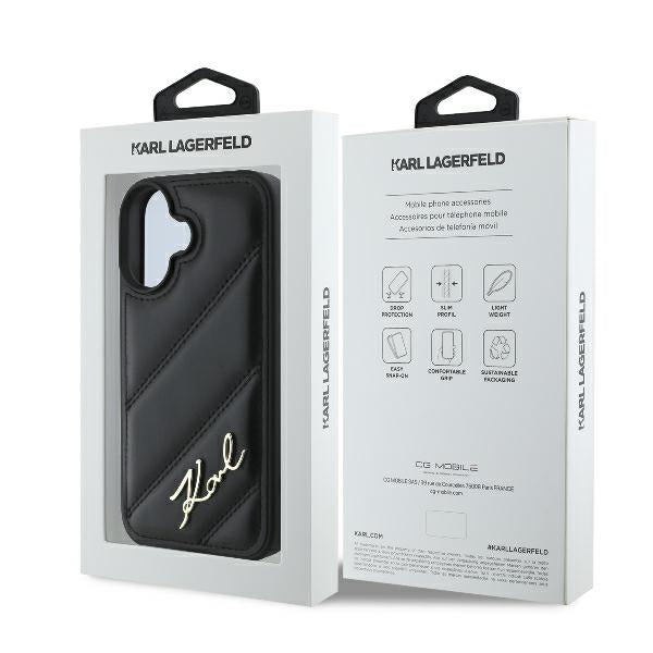 Case for Apple iPhone 16 Plus, Karl Lagerfeld, Diagonal Quilted Script, Black