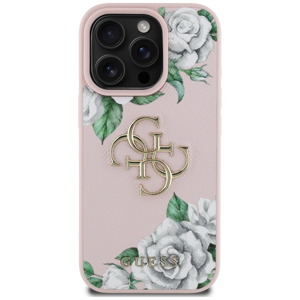 Case for Apple iPhone 16 Pro, Guess, 4G Grained Roses Big Logo, Pink
