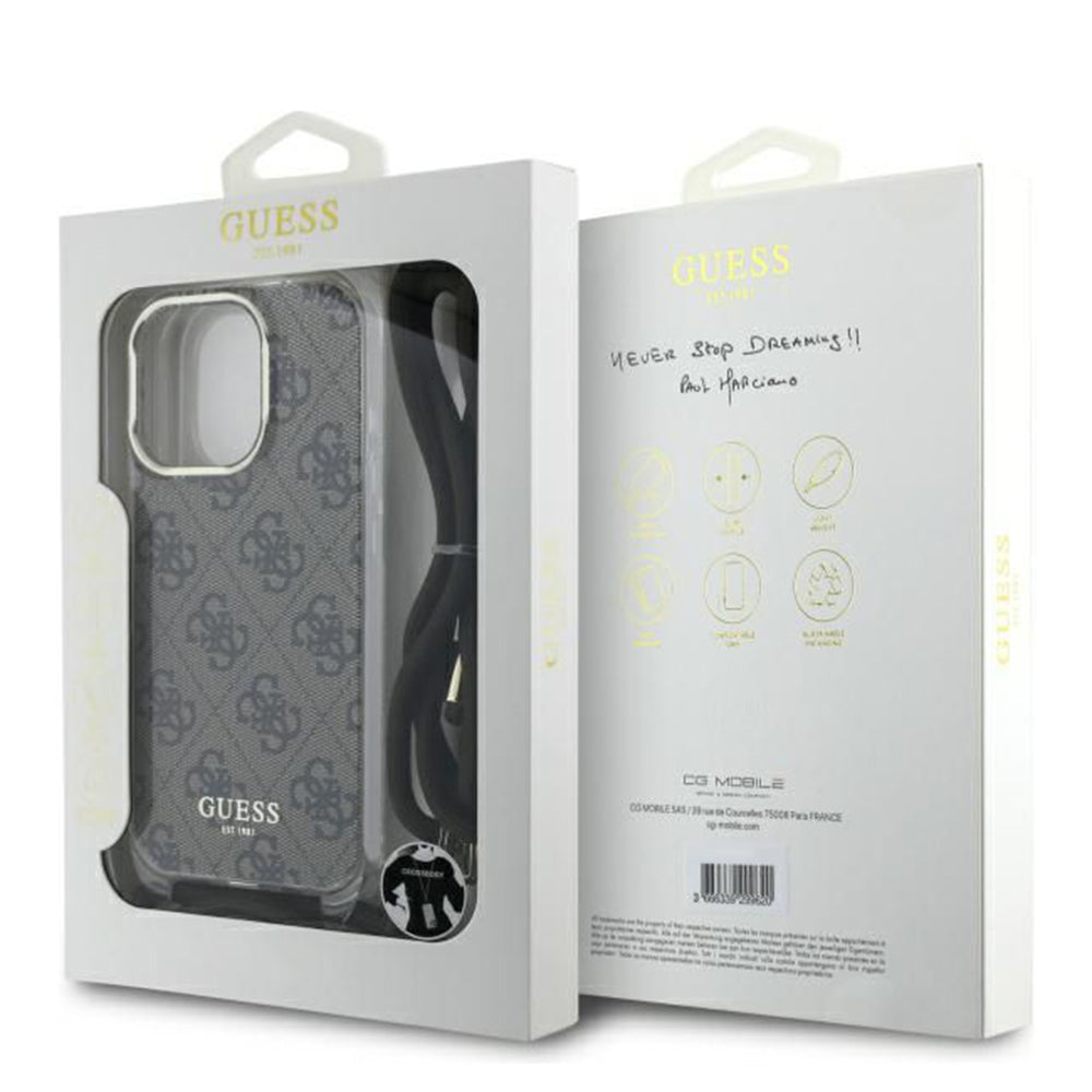 Case for Apple iPhone 16 Pro, Guess, Crossbody Cord 4G Print, Brown