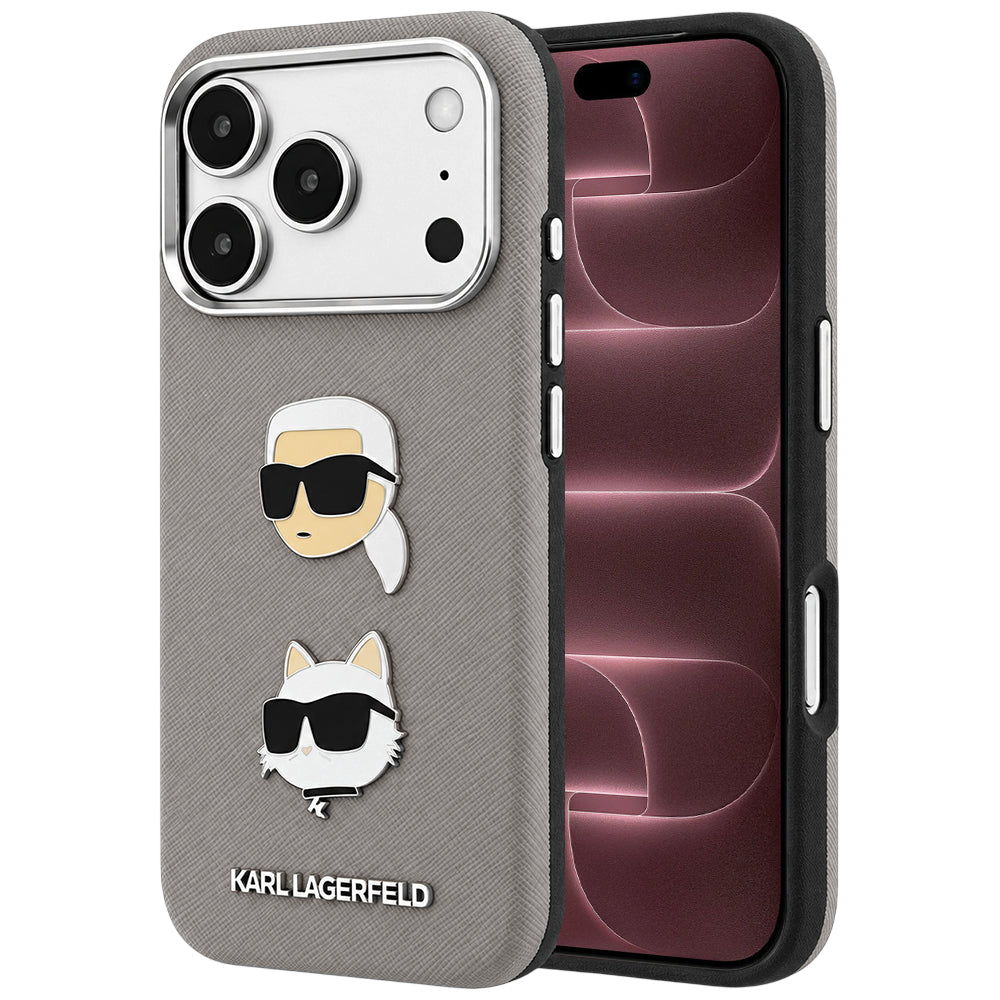 Case for Apple iPhone 18 Pro Max / 17 Pro Max, Karl Lagerfeld, Saffiano with Karl & Choupette Head's Pin and Logo, Gray