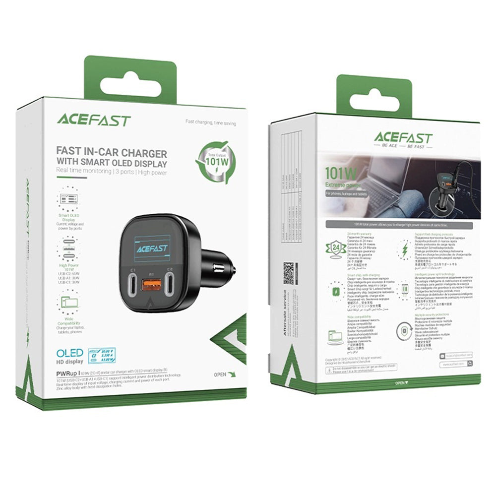 Acefast B5 Display Car Charger, 101W, 5A, 1 x USB-A - 2 x USB-C, Black