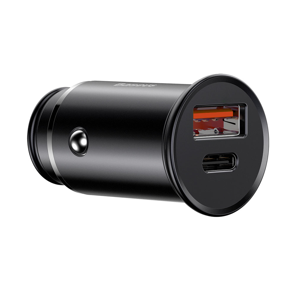 Baseus Circular Metal Car Charger, 30W, 5A, 1 x USB-A - 1 x USB-C, Black