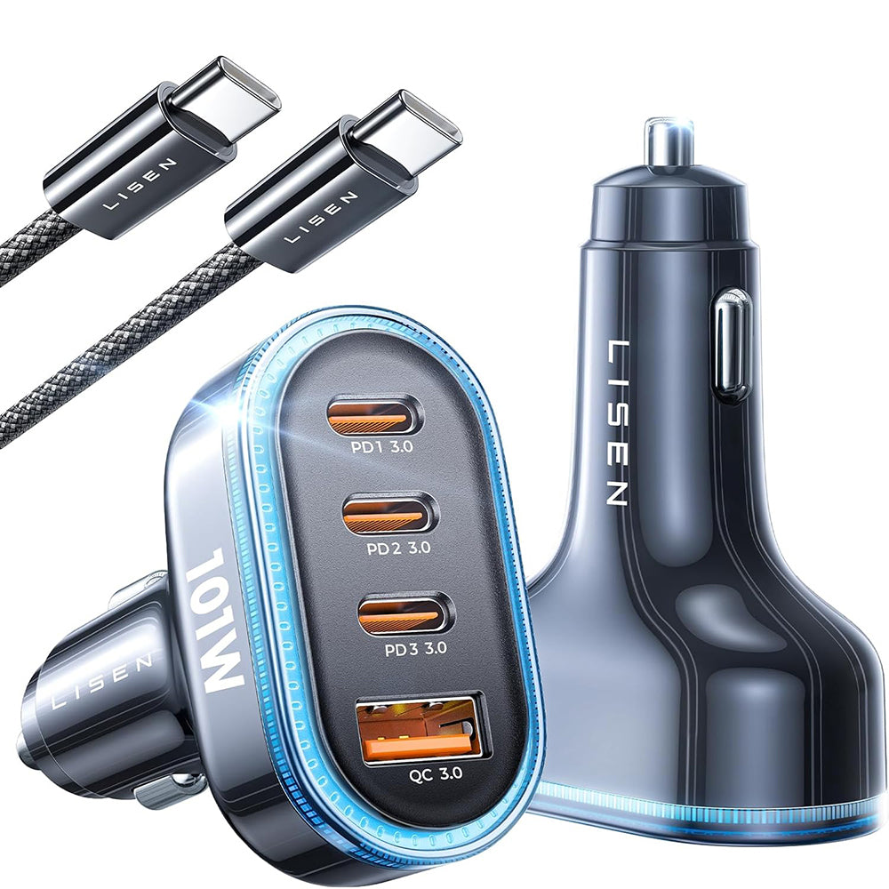 Lisen Car Charger with USB-C Cable, 101W, 3.25A, 1 x USB-A - 3 x USB-C, Black YL0223120021