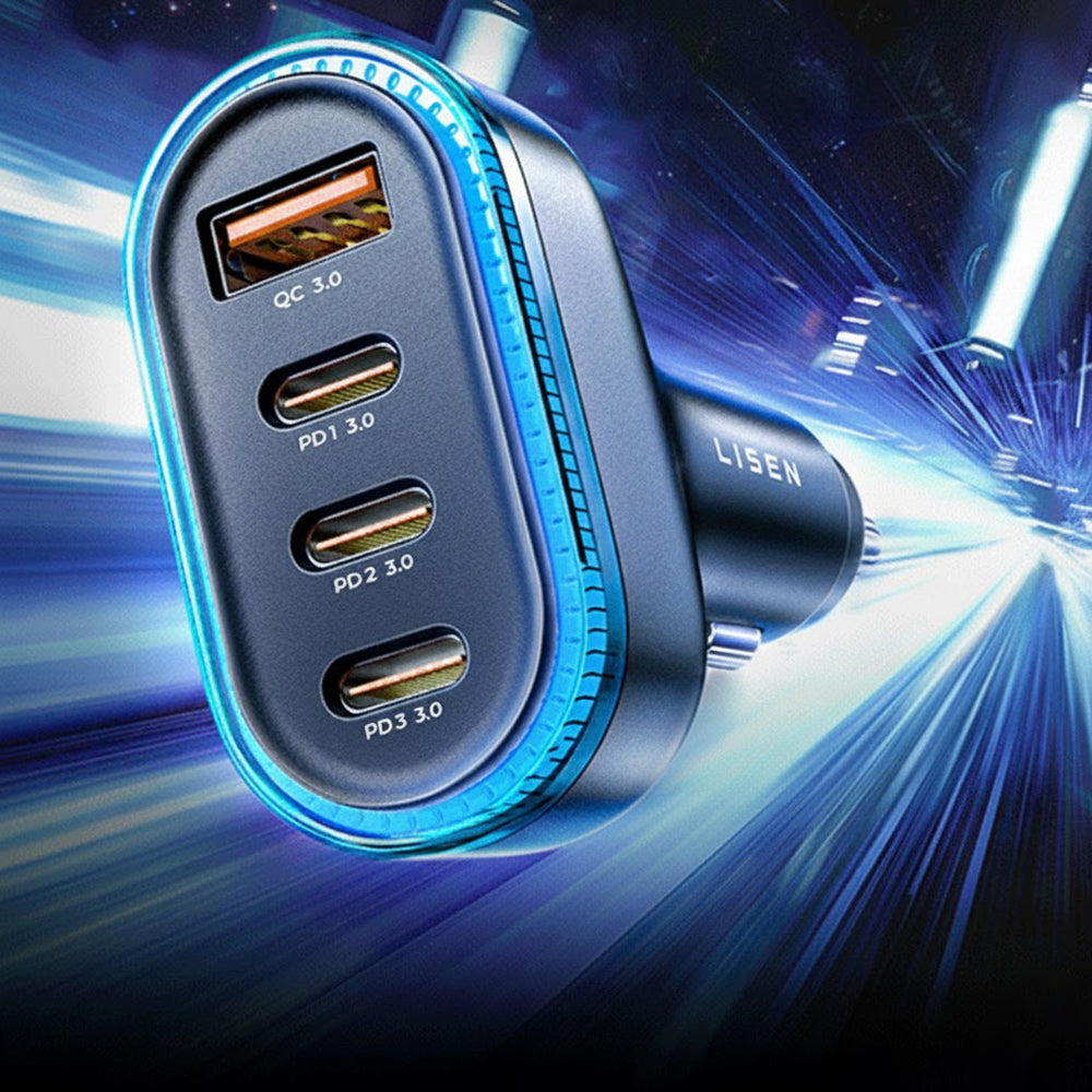 Lisen Car Charger with USB-C Cable, 101W, 3.25A, 1 x USB-A - 3 x USB-C, Black YL0223120021