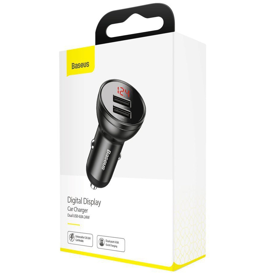 Baseus Digital Display Car Charger, 24W, 2.4A, 2 x USB-A, Grey CCBX-0G