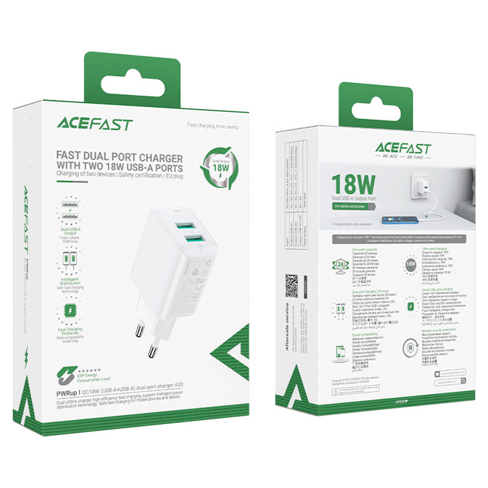 Acefast A33 Network Charger, 18W, 3A, 2 x USB-A, Black