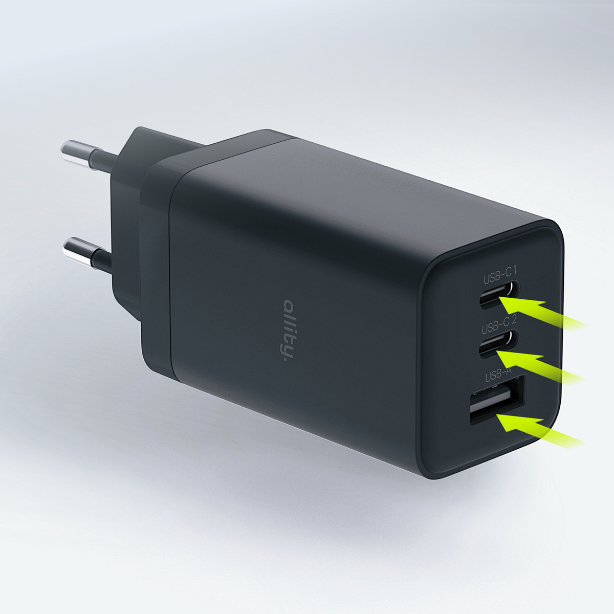 Allity Network Charger. ATC-01-65WACC Fast, 65W, 3.25A, 1 x USB-A - 2 x USB-C, Black