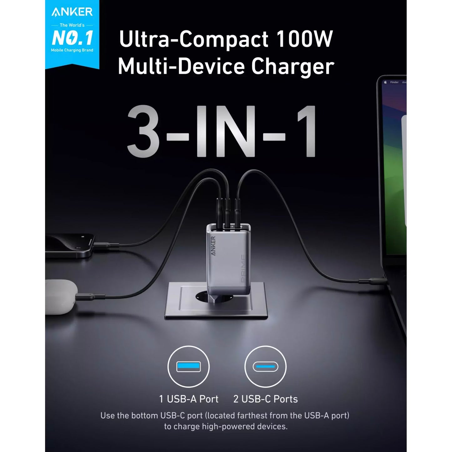 Network Charger Anker Prime, 100W, 3A, 1 x USB-A - 2 x USB-C, Gray A2688341