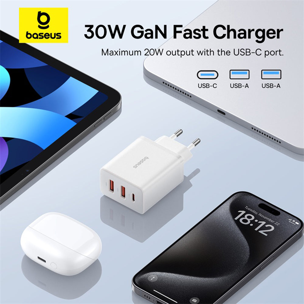 Baseus Cube Network Charger, 30W, 3A, 2 x USB-A - 1 x USB-C, White P10111402213-00