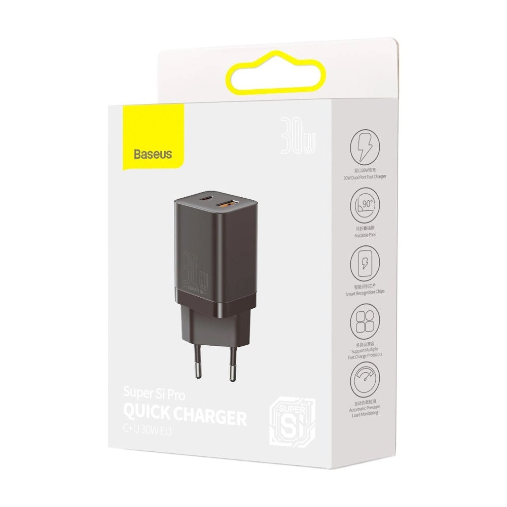 Network Charger Baseus Super Si Pro, 30W, 3A, 1 x USB-A - 1 x USB-C, Black CCSUPP-E01