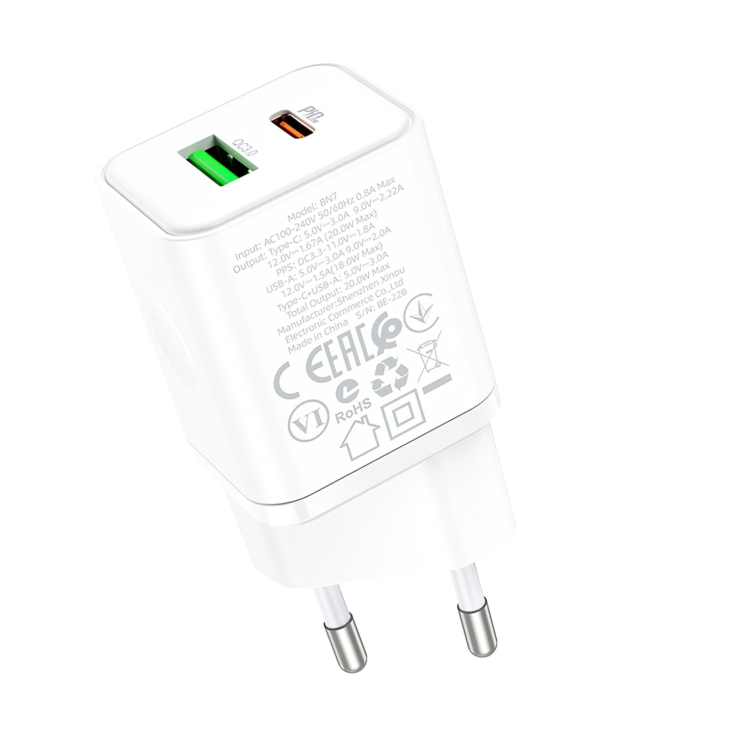 Network Charger Borofone BN7, 20W, 3A, 1 x USB-A - 1 x USB-C, White