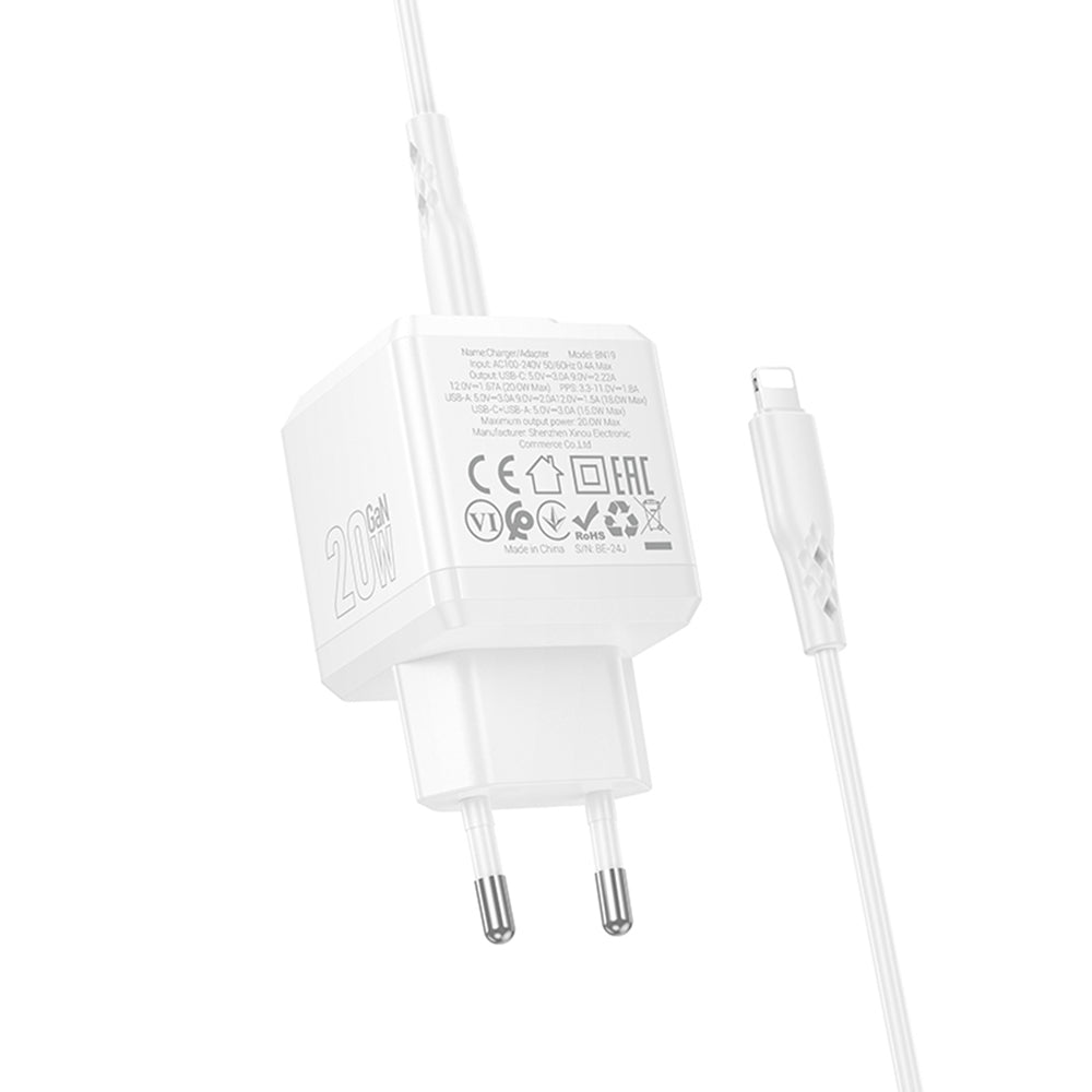 Network Charger with Lightning Cable Borofone BN19 Intenso, 20W, 3A, 1 x USB-A - 1 x USB-C, White