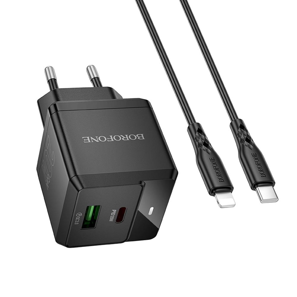 Network Charger with Lightning Cable Borofone BN19 Intenso, 20W, 3A, 1 x USB-A - 1 x USB-C, Black