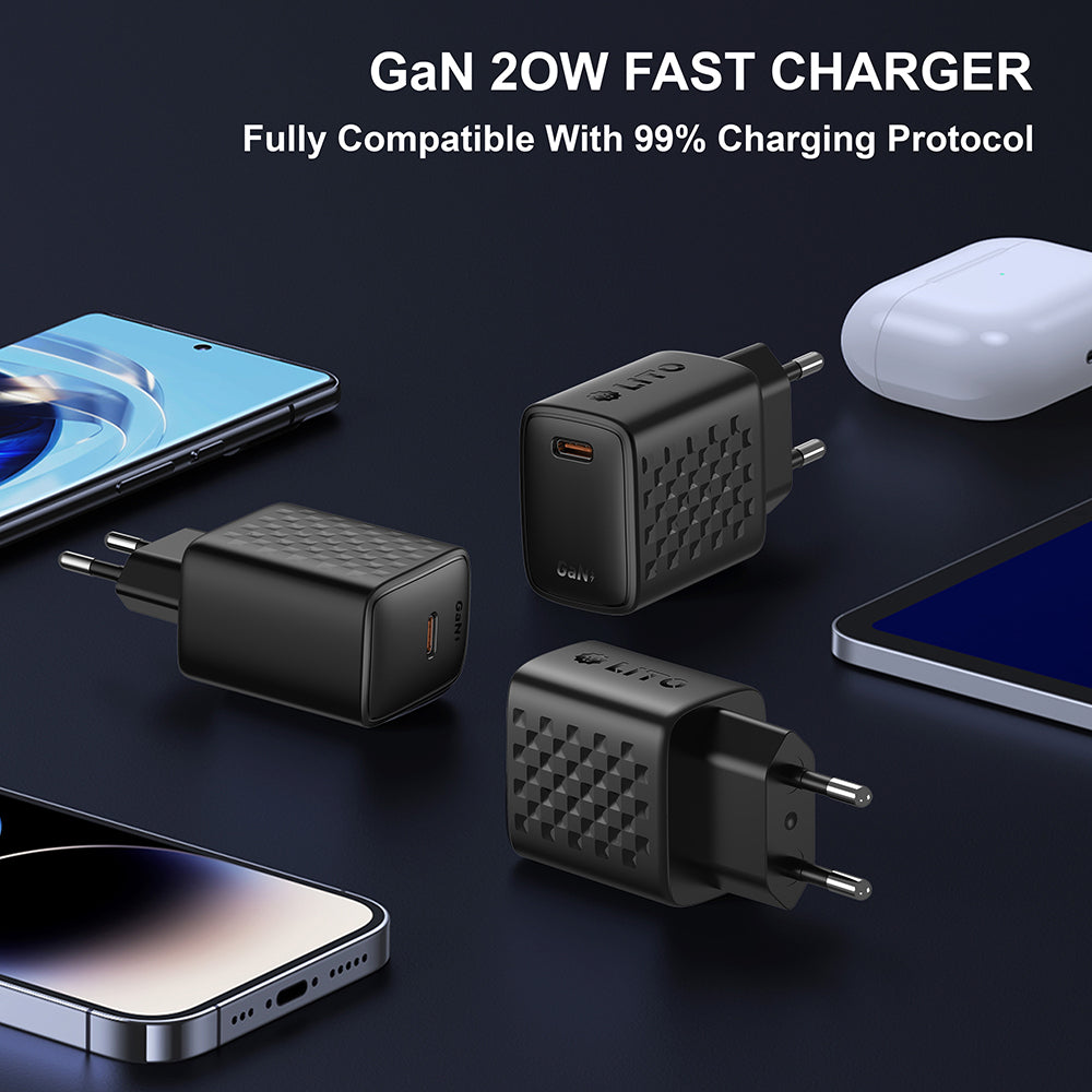 Network Charger with Lightning Cable Lito LC13L, 20W, 3A, 1 x USB-C, Black