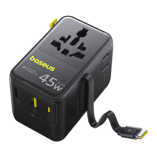 Baseus Travel PicoGo AG11 USB-C Cable Wall Charger, 45W, 2 x Socket - 1 x USB-C - 2 x USB-A, Black E0307F00