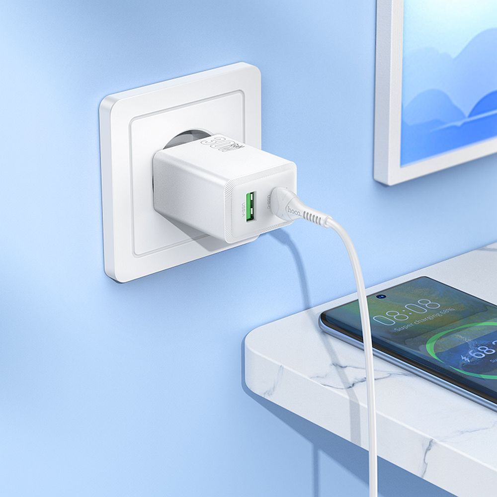 HOCO N71 Network Charger, 30W, 3A, 1 x USB-A - 1 x USB-C, White